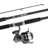 A spinning fishing rod and matching spinning reel set on a plain white background. The rod is black with silver metal accents and red/orange 'RED BONE' branding, and the reel is black and silver with the same branding.