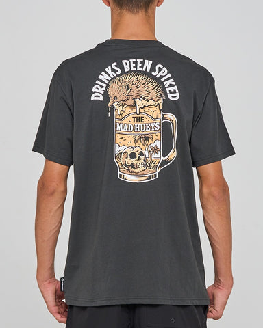 Mad Hueys Spiked Drink SS Tee in Vintage Black – men’s cotton T-shirt with front and back “Spiked Drink” logo design, surf and lifestyle inspired.
