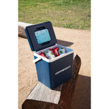 14 litre blue portable cooler with hinged lid and integrated cup holders for camping, fishing and outdoor day trips
