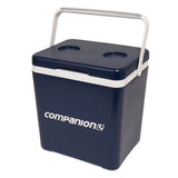 14 litre blue portable cooler with hinged lid and integrated cup holders for camping, fishing and outdoor day trips