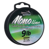 A spool of Jarvis Walker Mono Line 9lb fishing line, 300m length, with a black plastic spool and a green and white label.