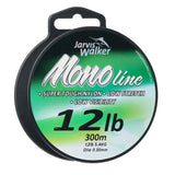 Jarvis Walker Mono Line 12lb fishing line spool, 300m length, 1.25mm diameter, featuring a black plastic spool with a green and white label.