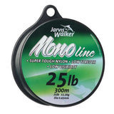 A spool of Jarvis Walker Mono Line 25lb fishing line, 300m length, with a black plastic spool and a green and white label.