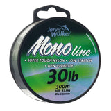 A spool of Jarvis Walker Mono Line 30lb fishing line, featuring a black plastic spool with a colorful green and blue label.