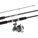 A spinning fishing rod and matching spinning reel set on a plain white background. The rod is black with silver metal accents and red/orange 'RED BONE' branding, and the reel is black and silver with the same branding.