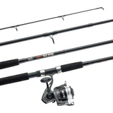 A spinning fishing rod and matching spinning reel set on a plain white background. The rod is black with silver metal accents and red/orange 'RED BONE' branding, and the reel is black and silver with the same branding.