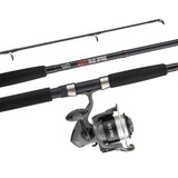 A spinning fishing rod and matching spinning reel set on a plain white background. The rod is black with silver metal accents and red/orange 'RED BONE' branding, and the reel is black and silver with the same branding.