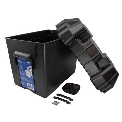 Marine battery box with carry handles and reinforced base

Battery box with strap, tie-down brackets, and mounting screws

Two sizes of black plastic marine battery boxes side by side