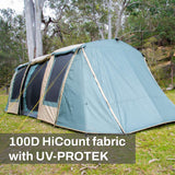Outdoor Connection Brampton 3-room family dome tent with spacious interior, three separate rooms, large windows, multiple entrances and extended awnings for shade.