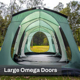 Outdoor Connection Brampton 3-room family dome tent with spacious interior, three separate rooms, large windows, multiple entrances and extended awnings for shade.