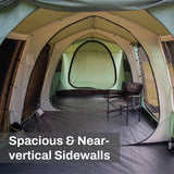 Outdoor Connection Brampton 3-room family dome tent with spacious interior, three separate rooms, large windows, multiple entrances and extended awnings for shade.