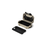 YETI GoBox 1 small gear case in tan, shown open with the lid raised, revealing a black interior, removable tray placed beside it, and an EVA-lined lid for organizing and protecting small essentials against water and impact.