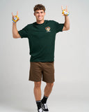 Pine green Liquid Confidence short sleeve t-shirt with bold front and back graphic prints, regular fit, crew neckline, casual coastal style