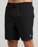 Black 18 inch swim volley shorts with elastic drawcord waistband, side and back pockets, lightweight stretch fabric, and clean minimal design