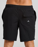 Black 18 inch swim volley shorts with elastic drawcord waistband, side and back pockets, lightweight stretch fabric, and clean minimal design
