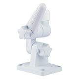 UV-stable white double swivel fold-down marine antenna mounting bracket with rectangular base showing adjustable joints, colour-coded VHF insert and attached coaxial cable.