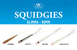 Squidgies Glimma 90mm soft plastic lure with reflective fibre tail, baitfish profile, and translucent design for saltwater and freshwater fishing.