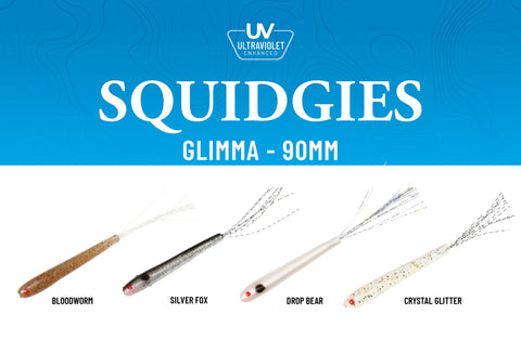 Squidgies Glimma 90mm soft plastic lure with reflective fibre tail, baitfish profile, and translucent design for saltwater and freshwater fishing.