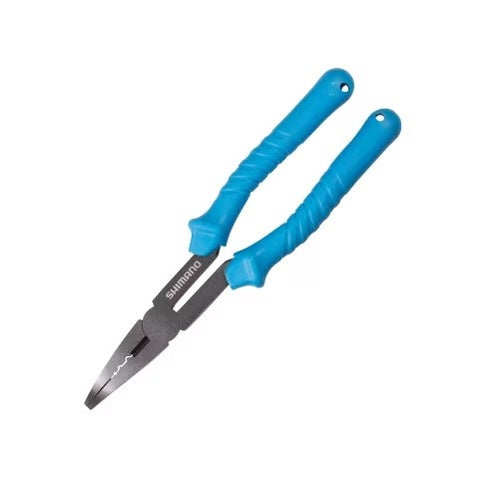 Shimano Heavy Duty Bent Nose Pliers in ash finish with rubber handles

Bent nose fishing pliers removing a hook in tight space

Shimano offshore pliers with three crimping size settings