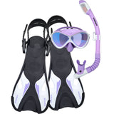 Woolamai junior snorkel fin set with silicone mask, dry top snorkel and adjustable fins in lilac