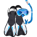 Woolamai junior snorkel fin set with silicone mask, dry top snorkel and adjustable fins in ocean blue