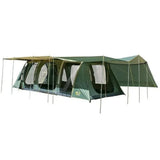 Outdoor Connection Brampton 3-room family dome tent with spacious interior, three separate rooms, large windows, multiple entrances and extended awnings for shade.