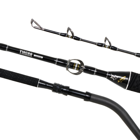 Shimano Tiagra Hyper game fishing rod – stand-up model with carbon butt

Shimano Tiagra Hyper chair rod with AFTCO uni-butt and roller guides

Shimano Tiagra Hyper rod close-up of Pac Bay reel seat

Shimano Tiagra Hyper rod range lineup for offshore fishing
