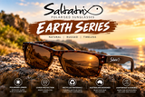 Saltatrix Earth Series polarized sunglasses with brown recycled plastic frames and copper polycarbonate Category 3 UV400 lenses.