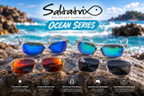 Saltatrix Ocean Series polarized sunglasses with clear recycled plastic frames and blue, green, red and grey polycarbonate lens options.