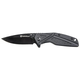 Side view of a Smith & Wesson folding knife with black blade, thumb studs, flipper tab, and textured handle.