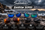 Saltatrix Shadow Series polarized sunglasses with black recycled plastic frames and blue, green, red and grey polycarbonate lens options.