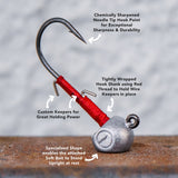 Rise-R Jighead with upright soft bait design, red thread wrap and wire keeper for secure TPE soft plastic rigging.
