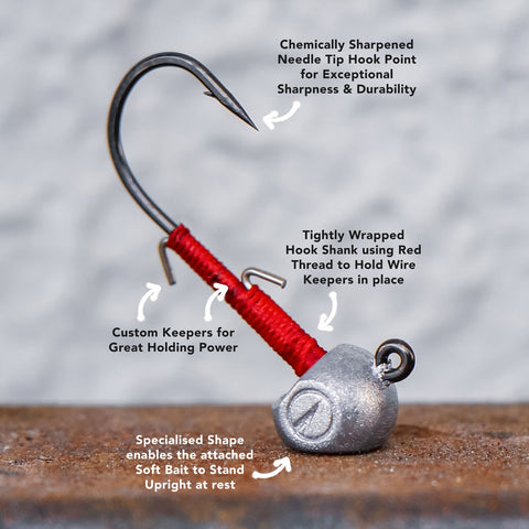 Rise-R Jighead with upright soft bait design, red thread wrap and wire keeper for secure TPE soft plastic rigging.