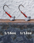 Rise-R Jighead with upright soft bait design, red thread wrap and wire keeper for secure TPE soft plastic rigging.