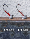 Rise-R Jighead with upright soft bait design, red thread wrap and wire keeper for secure TPE soft plastic rigging.
