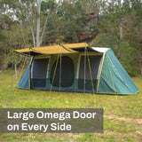 Outdoor Connection Brampton 3-room family dome tent with spacious interior, three separate rooms, large windows, multiple entrances and extended awnings for shade.