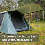 Outdoor Connection Brampton 3-room family dome tent with spacious interior, three separate rooms, large windows, multiple entrances and extended awnings for shade.