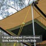 Outdoor Connection Brampton 3-room family dome tent with spacious interior, three separate rooms, large windows, multiple entrances and extended awnings for shade.