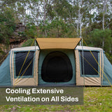 Outdoor Connection Brampton 3-room family dome tent with spacious interior, three separate rooms, large windows, multiple entrances and extended awnings for shade.