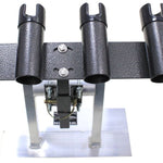 Wilson Black Adjustable Bull Bar Rod Holder – Australian made fishing rod carrier with 4 holders

Height adjustable and swivel action bull bar rod rack in hammer-tone black

Close-up of Wilson bull bar rod holder quick-release pin and stainless steel bolts

Fishing rod holder with rubber protection caps for safe rod transport

Wilson rod holder mounted on bull bar with 2-inch U-bolts