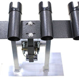 Wilson Black Adjustable Bull Bar Rod Holder – Australian made fishing rod carrier with 4 holders

Height adjustable and swivel action bull bar rod rack in hammer-tone black

Close-up of Wilson bull bar rod holder quick-release pin and stainless steel bolts

Fishing rod holder with rubber protection caps for safe rod transport

Wilson rod holder mounted on bull bar with 2-inch U-bolts