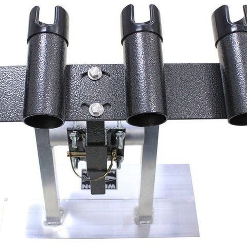 Wilson Black Adjustable Bull Bar Rod Holder – Australian made fishing rod carrier with 4 holders

Height adjustable and swivel action bull bar rod rack in hammer-tone black

Close-up of Wilson bull bar rod holder quick-release pin and stainless steel bolts

Fishing rod holder with rubber protection caps for safe rod transport

Wilson rod holder mounted on bull bar with 2-inch U-bolts