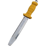 Ocean Pro AB Iron stainless steel abalone diving tool with blunt tip, rope cutter edge, ergonomic grip, and protective sheath for underwater use.