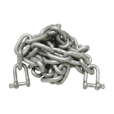 6mm x 2m galvanised chain with two D shackles – pre-cut length

8mm x 2m galvanised chain hot-dipped with shackles included

Galvanised steel chain with D shackles for marine and outdoor use