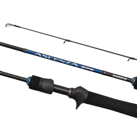 Shimano Ascenza BFS ultra-light baitcaster rods with Fuji Alconite guides, graphite blanks, and split-grip handles – precision rods for finesse lure fishing.