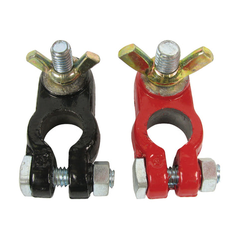 "Lead marine battery terminals with wing nut connectors – positive 10 mm stud, negative 8 mm stud, blister pack pair"