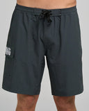 Mad Hueys Beached 20" Boardshort in black with elastic waistband, 4-way stretch fabric, side and back pockets — designed for comfort, surf, and sun.