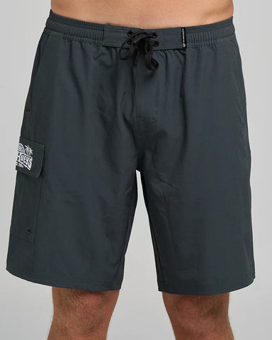 Mad Hueys Beached 20" Boardshort in black with elastic waistband, 4-way stretch fabric, side and back pockets — designed for comfort, surf, and sun.