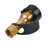 Brass gas adaptor connecting 3/8" LH fitting to LCC27 cylinder for camping stoves or BBQs.