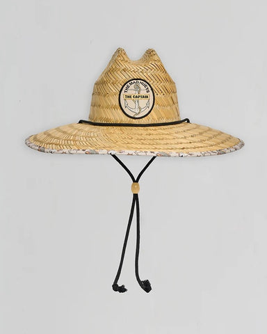 Mad Hueys Croc Captain Straw Hat in Natural with wide brim, custom underbrim print, and adjustable toggle drawcord — perfect for beach, boat, or outdoor adventures.